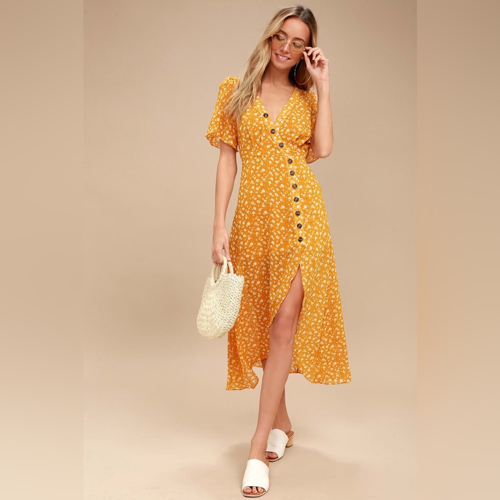 Lulus After-Bloom Delight Golden Yellow Floral Print Midi Dress